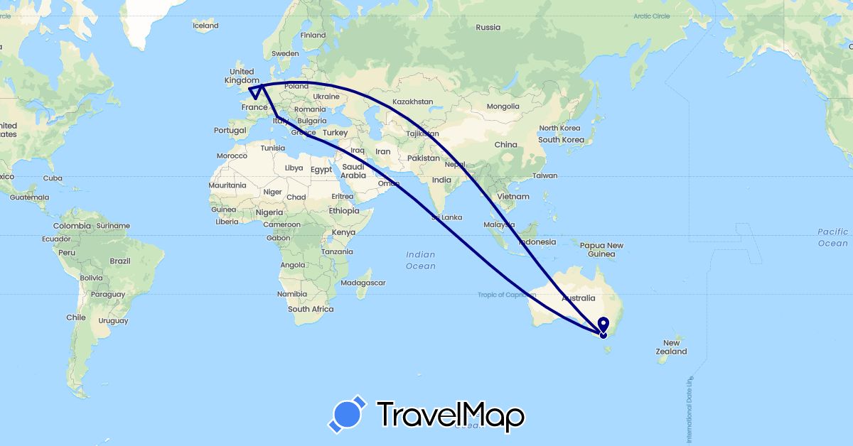 TravelMap itinerary: driving in Australia, France, United Kingdom, Greece, Italy, Netherlands (Europe, Oceania)